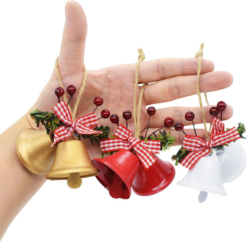 MACLARONX Christmas Jingle Bells Metal Decorative Bells Xmas Tree Ornaments for Wreath Holiday Crafts Rustic Home Hanging Decor Wind Chimes, Red White Gold (6 Pcs) - Image 4